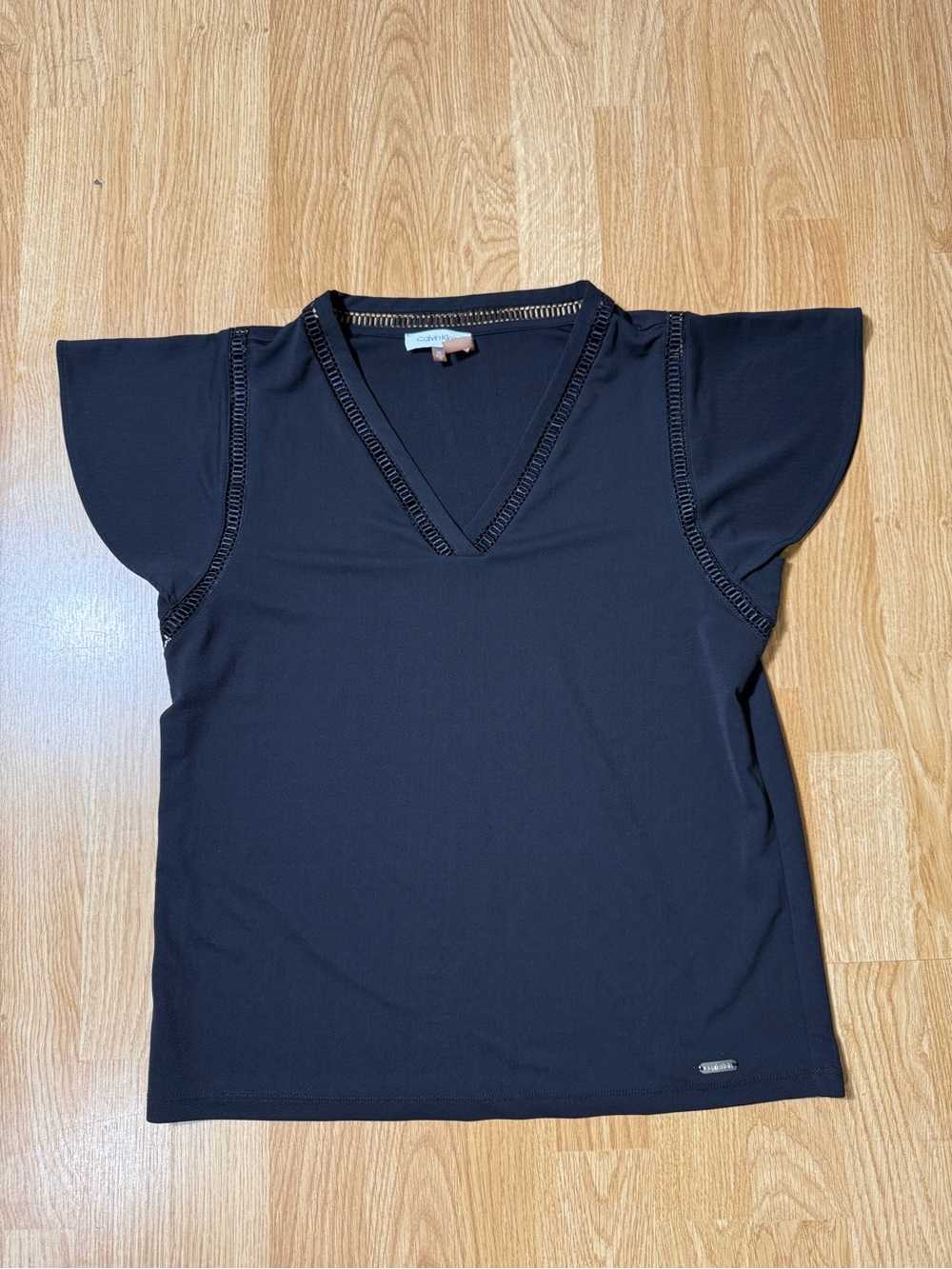 Calvin Klein Women's Black V-Neck Flutter Sleeve Blouse - Size XS